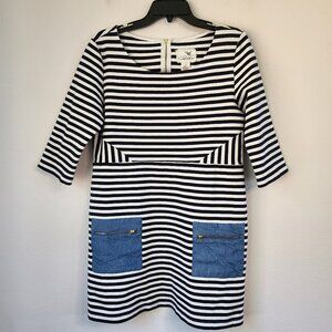 Tabitha Black White Striped Knit Shift Dress 14 Chambray Zipper Pockets Classic